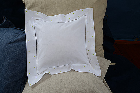 Hemstitch Square Baby Pillow 12x12" Mist Green color Polka Dots.